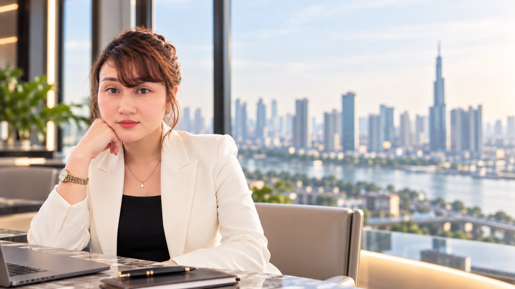 Kim Xuyến ngồi tại bàn làm việc, phía sau là không gian thành phố