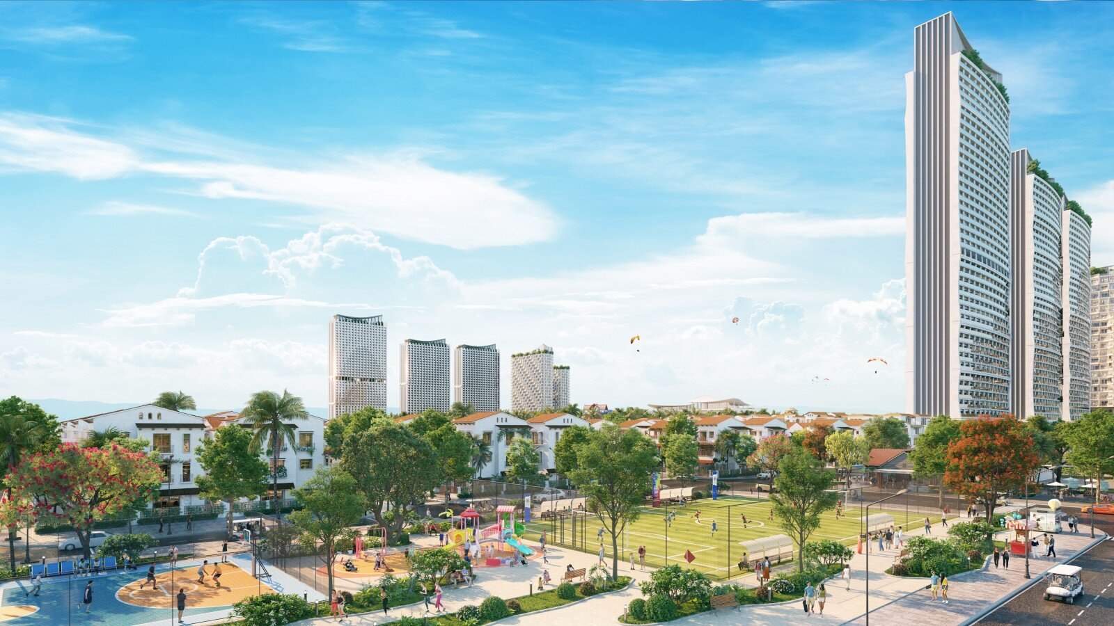 Phối cảnh cao tầng và không gian công cộng · Nguồn: Sun Property / Sun Group